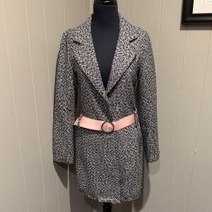 Tulle Women’s Medium Black and White Tweed Blazer Coat with Pink Accent Belt